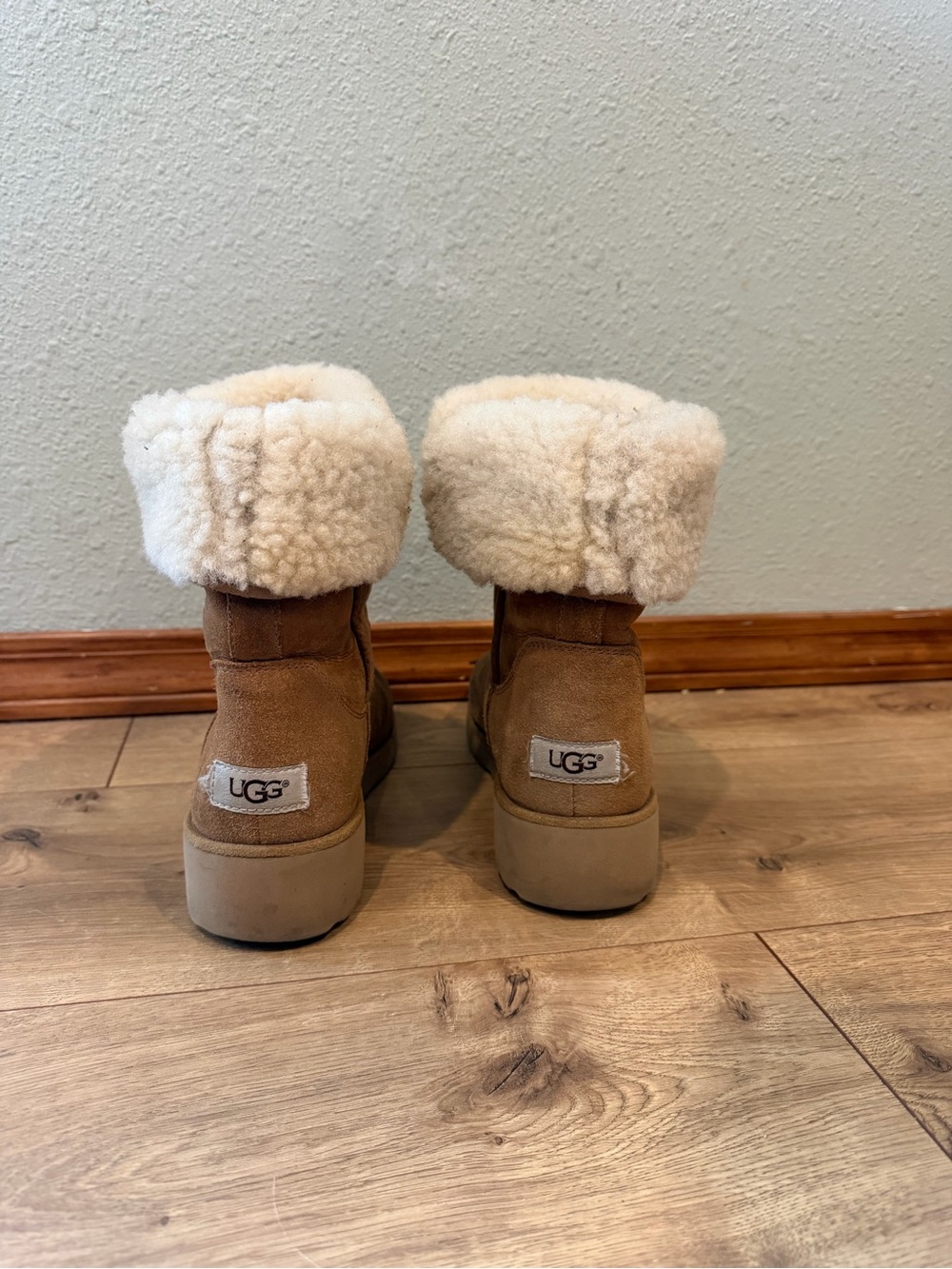 UGG Kids Chestnut Suede Fold-Over Boot with Cream Shearling Cuff